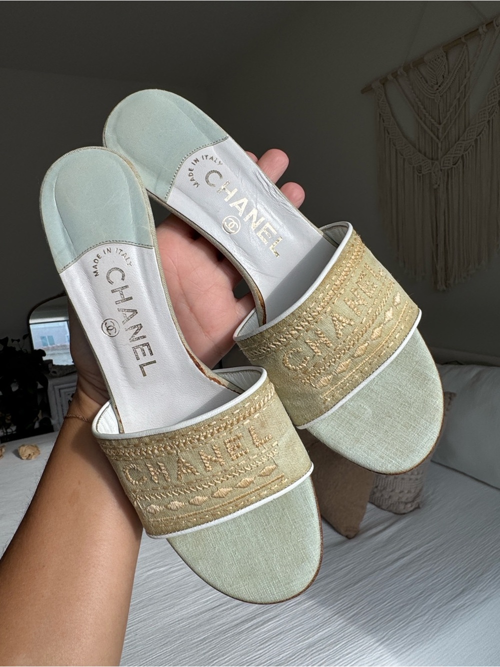 Chanel Embroidered Slide Sandals Size 38
